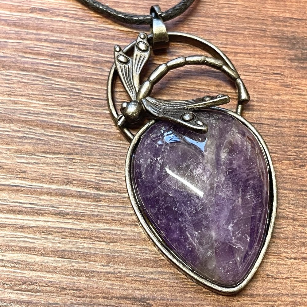 Amethyst Gemstone Dragonfly Necklace for Transformation and Rebirth